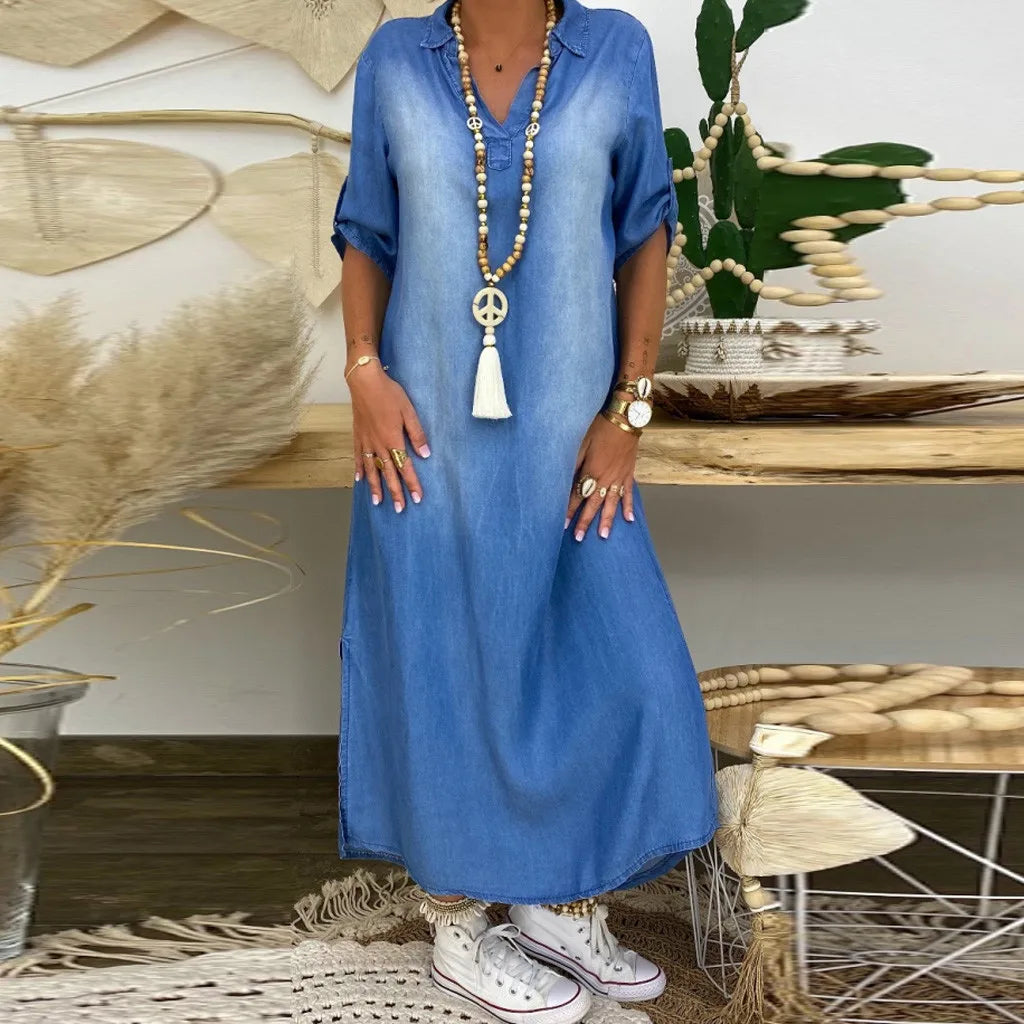 Elena | Long Denim Dress with Side Split