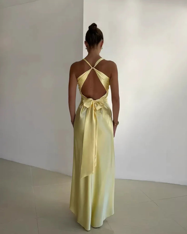 Rosalyn - Backless Satin Maxi Dress with V-Neck and Bow Detail