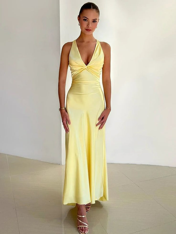 Rosalyn - Backless Satin Maxi Dress with V-Neck and Bow Detail