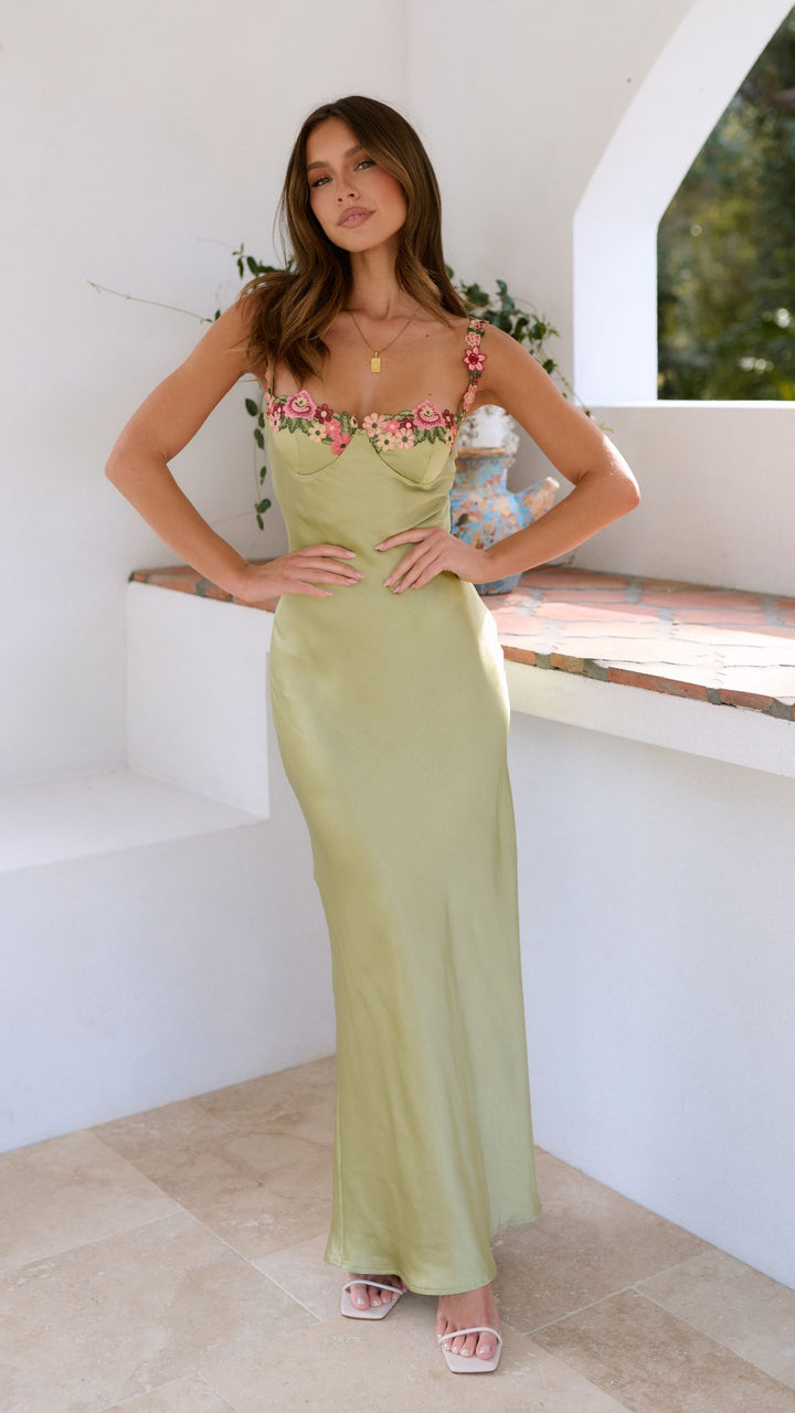 Luz - Solid Color Satin Dress with Embroidered Detailing