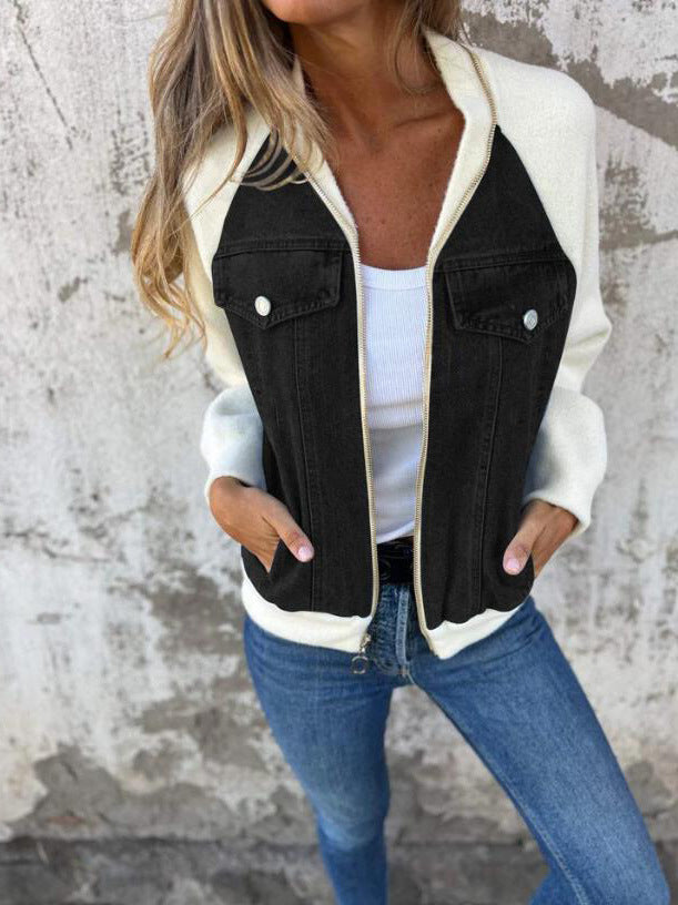 Delara-Contrast Denim Zip Jacket