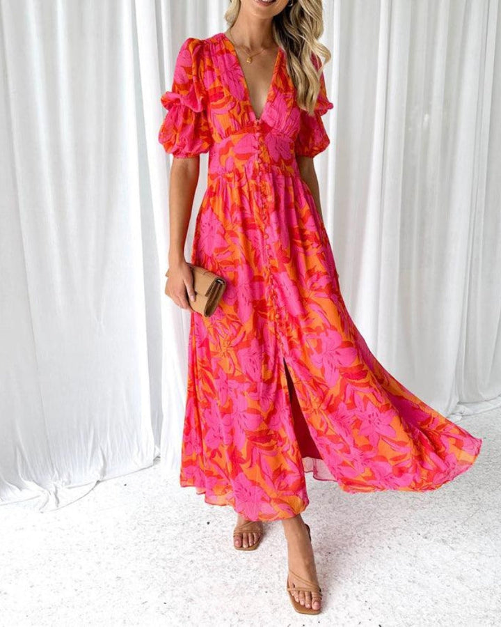 Clara – Chic V-Neck Maxi Dress with Puff Sleeves