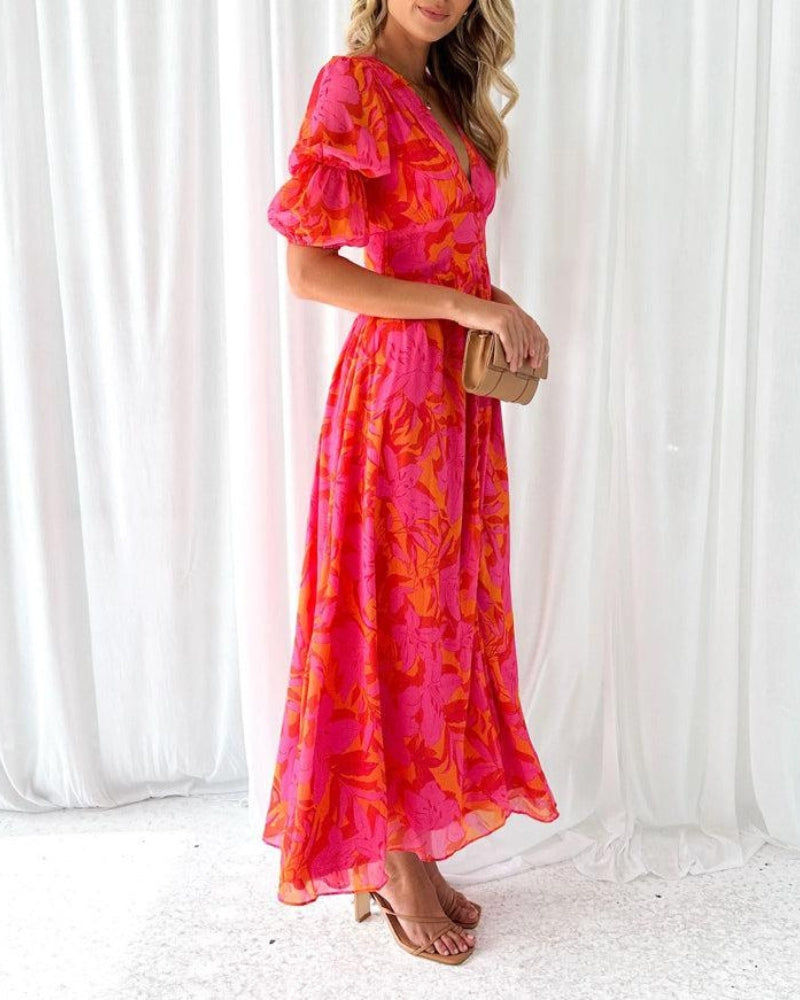 Clara – Chic V-Neck Maxi Dress with Puff Sleeves