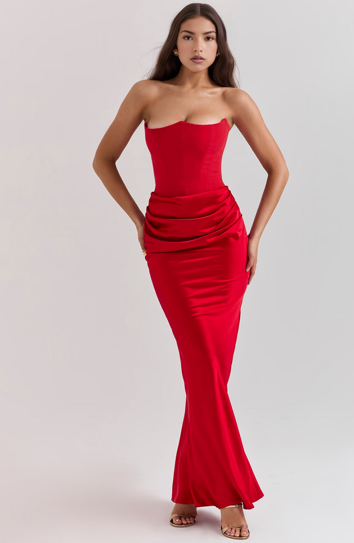Hera - Chic Retro Solid Color Strapless Evening Dress