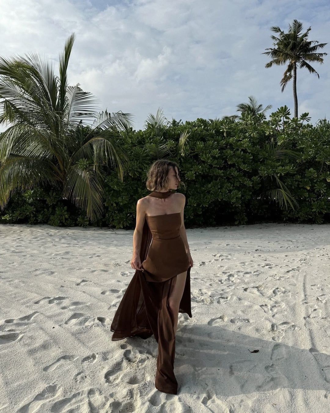Ariadne - Asymmetrical Maxi Dress with Strapless Patchwork Mesh Design