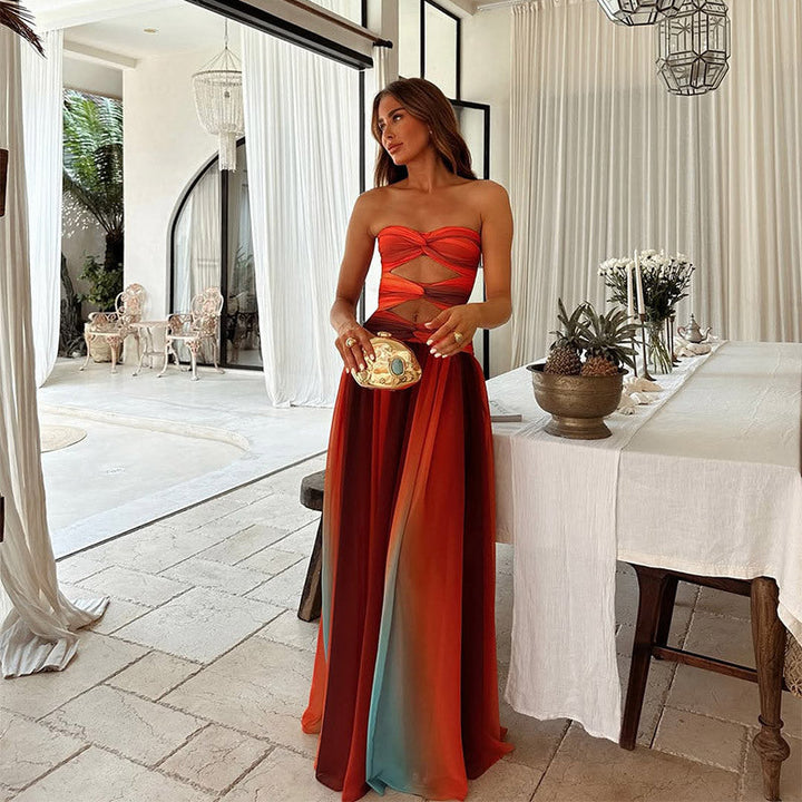 Aziza - Gradient Tie-Dye Long Dress with Hollow Out Details