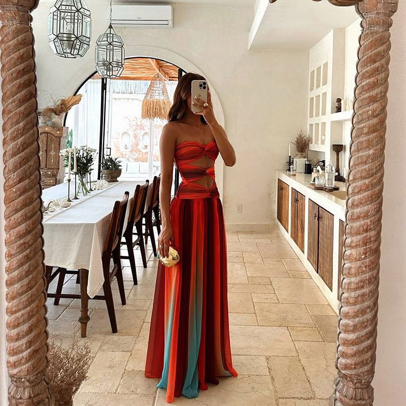 Aziza - Gradient Tie-Dye Long Dress with Hollow Out Details