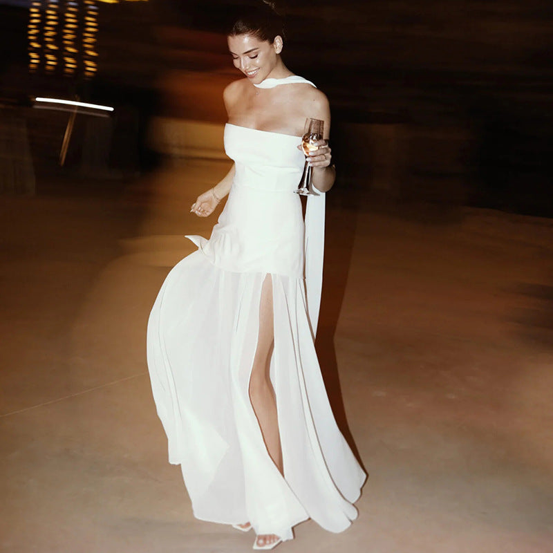 Ariadne - Asymmetrical Maxi Dress with Strapless Patchwork Mesh Design