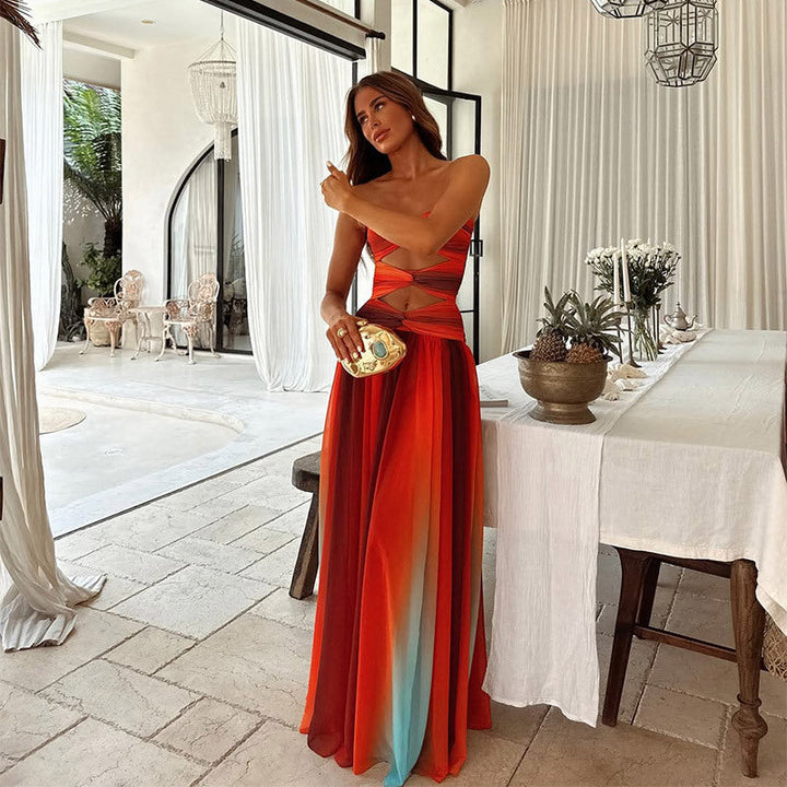 Aziza - Gradient Tie-Dye Long Dress with Hollow Out Details
