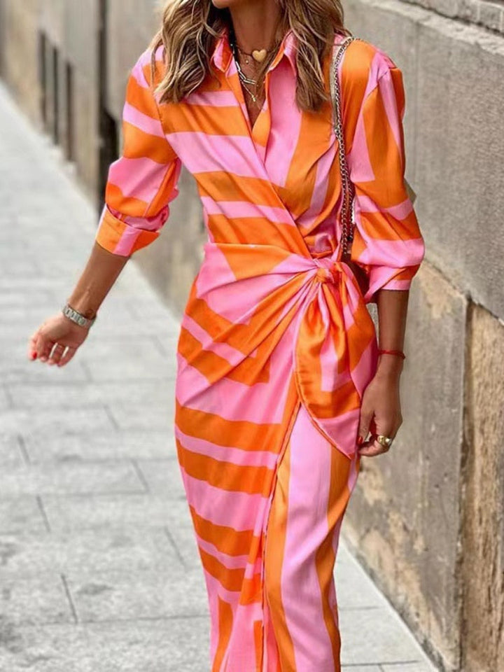 Clarissa | Striped Midi Dress with Shirt Style