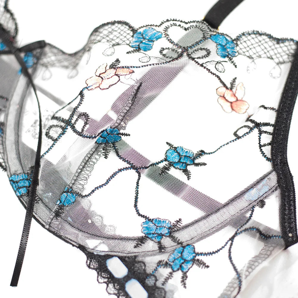 Ursula - Floral Lace Embroidery 3-Piece Lingerie Set
