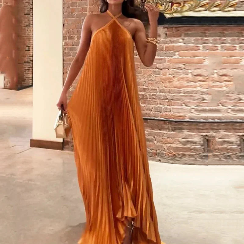 Mira - Elegant Pleated Halter Neck Maxi Dress