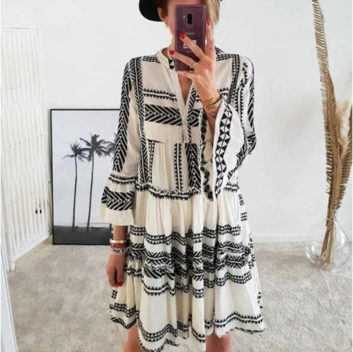 Lucienne | Geometric Print V-Neck Swing Dress