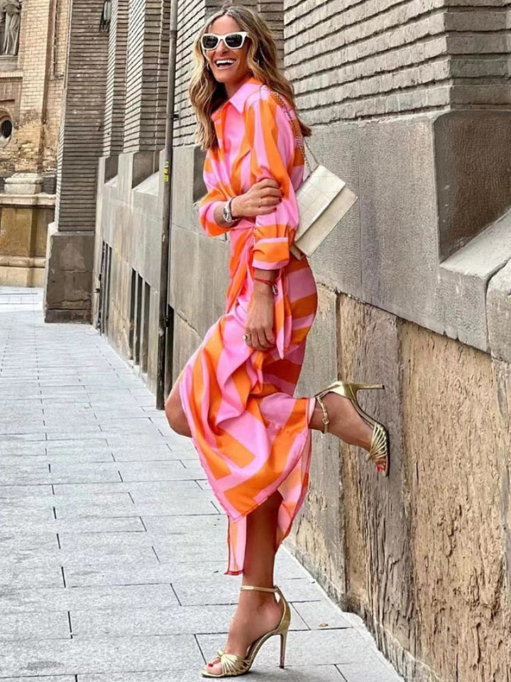 Clarissa | Striped Midi Dress with Shirt Style