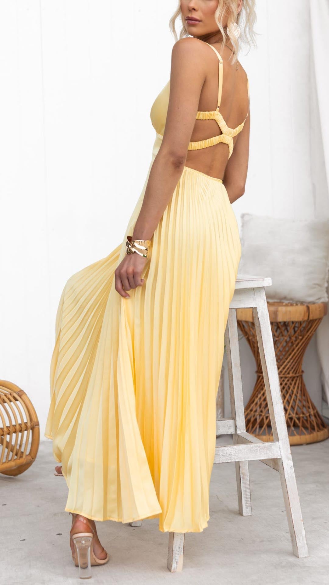 Nayeli - Chic Pleated V-Neck Maxi Gown
