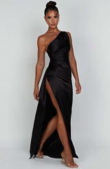 Saoirse - Long Bodycon Dress with One Shoulder Satin Design