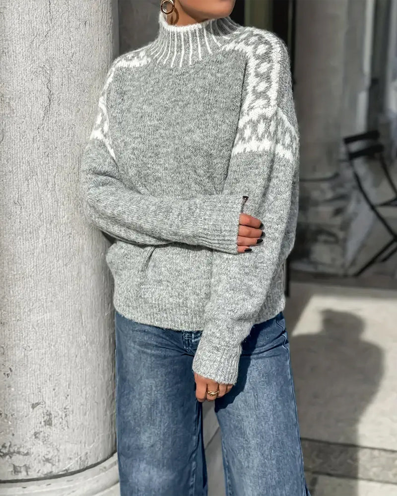 High Neck Contrast Patterned Sweater