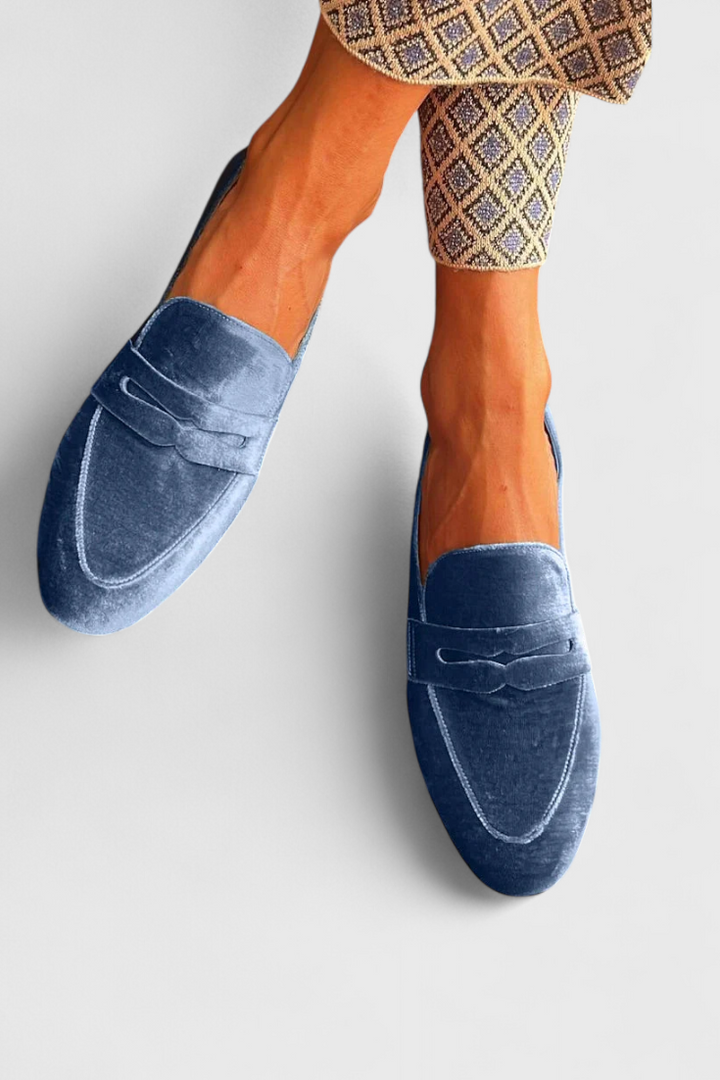 Llnica Blue Velvet Loafers with Patchwork Details and Round Toe